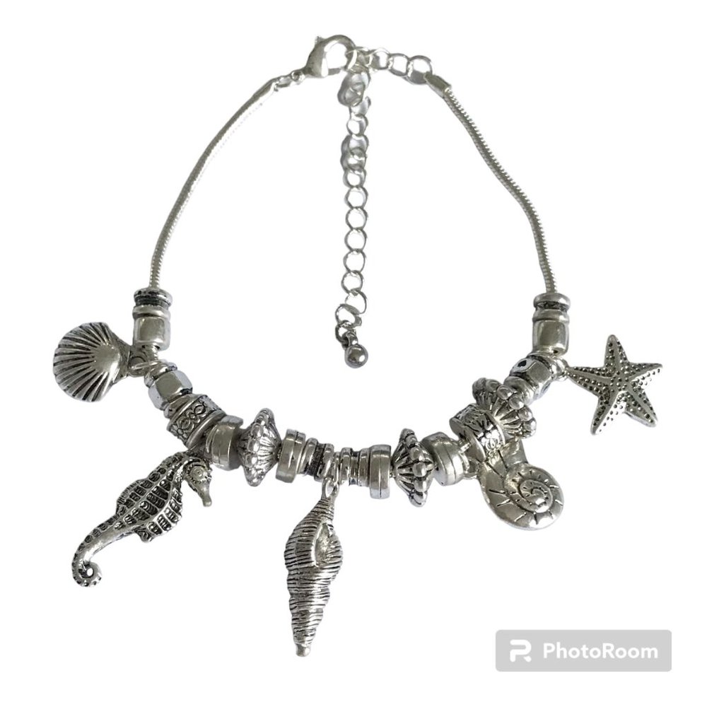 Seahorse Sea Life Charm Bracelet Shells Silver Plated Island 8-11" Plus Size